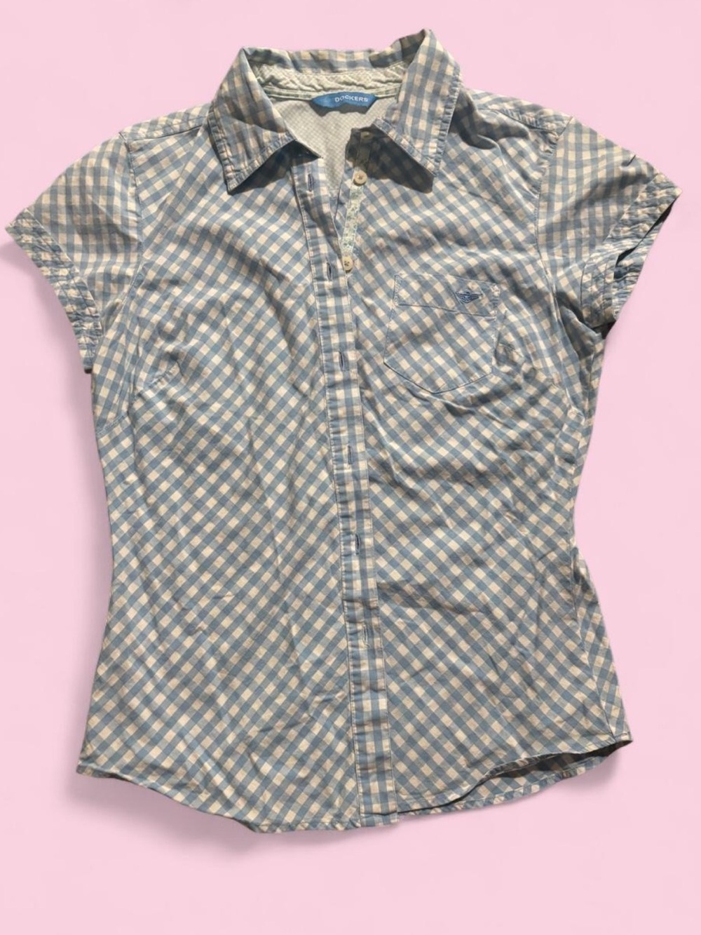Dockers Women's Light Blue and White Gingham Button-Down Shirt